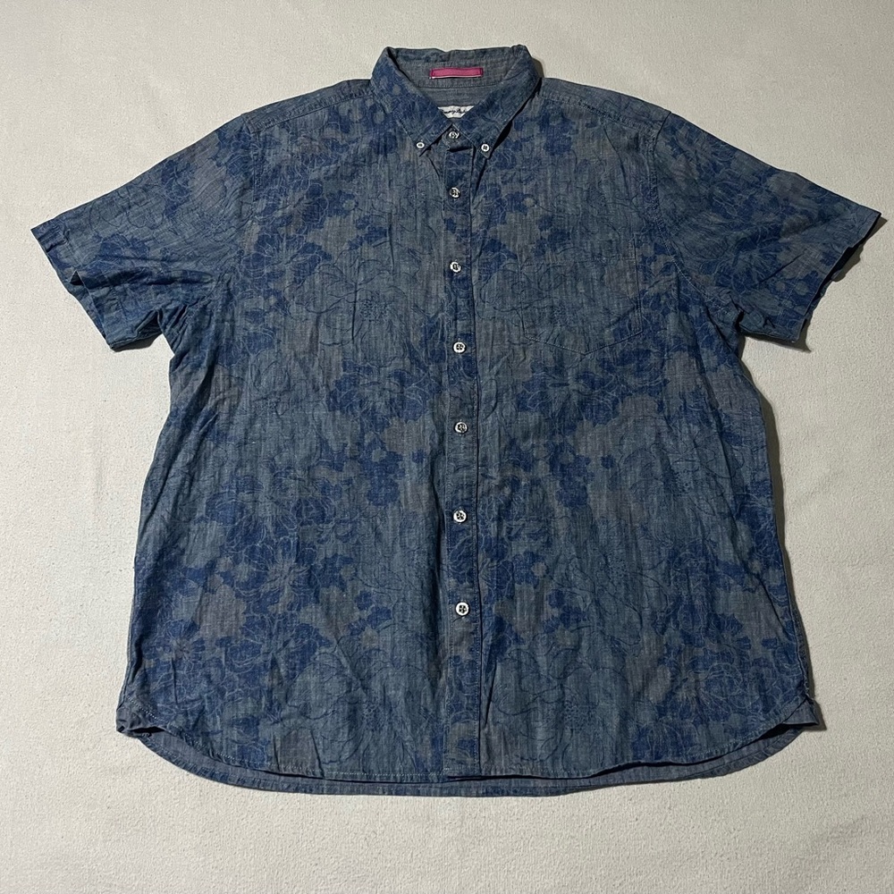Tommy Bahama Mens XL Shirt Cotton Linen Blend Blue Floral Hawaiian Button‎ Up